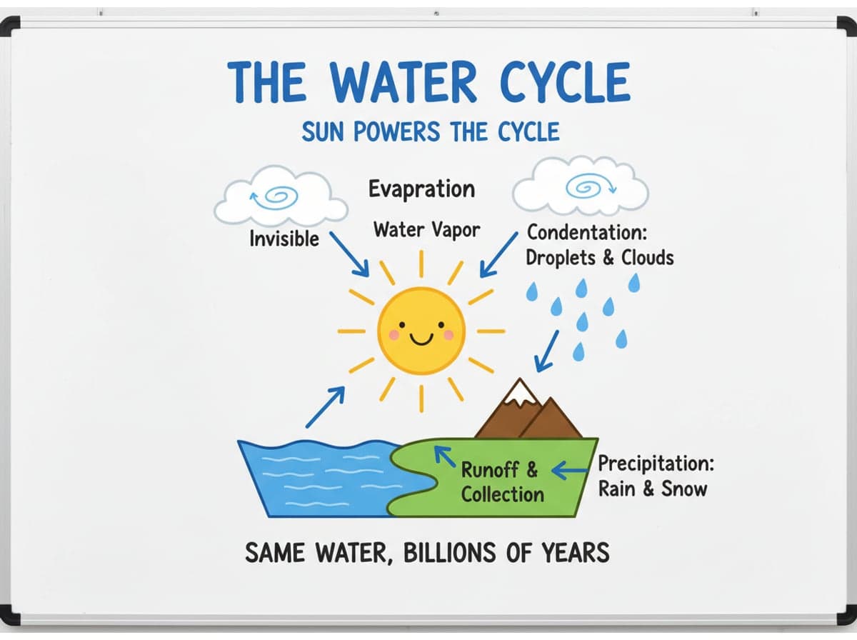 Dry-erase diagram: The water cycle — The Sun powers the cycle: evaporation makes invisible vapor, condensation makes droplets and clouds, precipitation returns water to Earth.