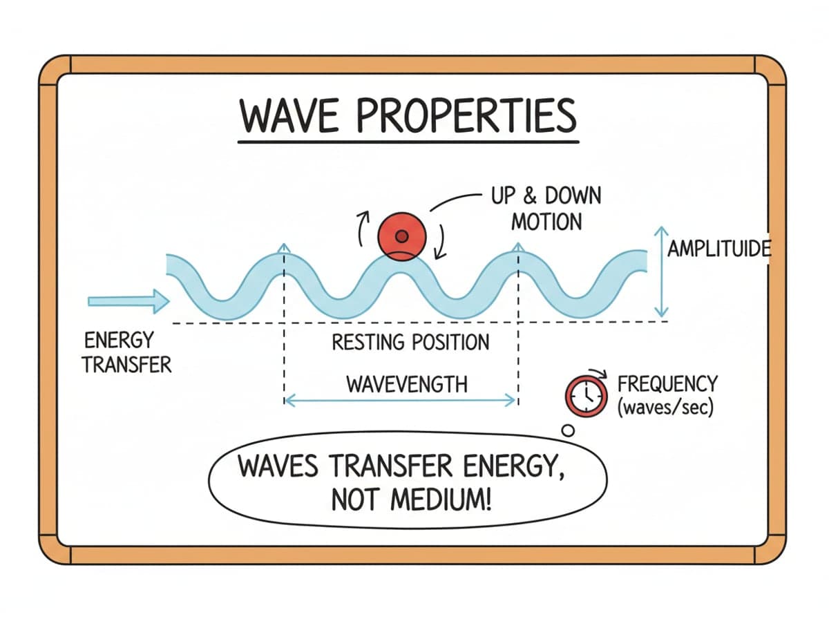Dry-erase diagram: Wave properties — Waves transfer energy through a medium without transporting the medium; wavelength, amplitude and frequency describe the wave.