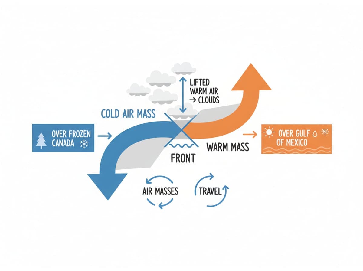 Dry-erase diagram: Air masses and fronts — A front is the boundary between two air masses; the denser cold air wedges under the warm air and lifts it into clouds.
