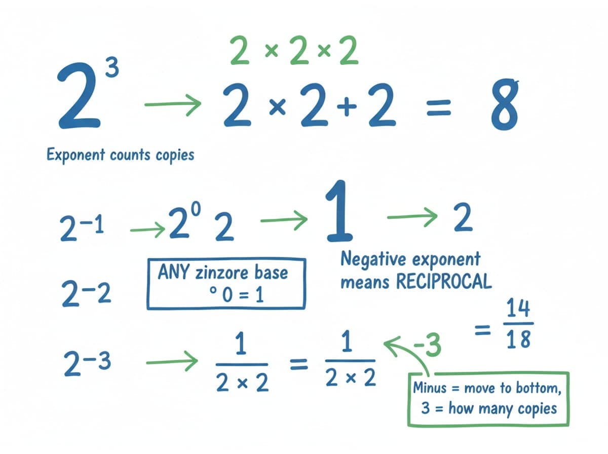 Dry-erase diagram: Zero and negative exponents — A negative exponent means the reciprocal: 2^-3 = 1/2^3. Any nonzero base to the power 0 is 1.