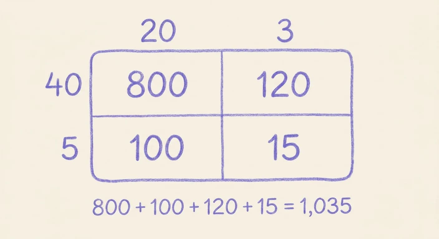 Hand-drawn area model for 23 × 45: a rectangle with 20 and 3 marked across the top and 40 and 5 down the side, four cells holding the partial products 800, 120, 100 and 15, and the line 800 + 100 + 120 + 15 = 1,035 underneath.