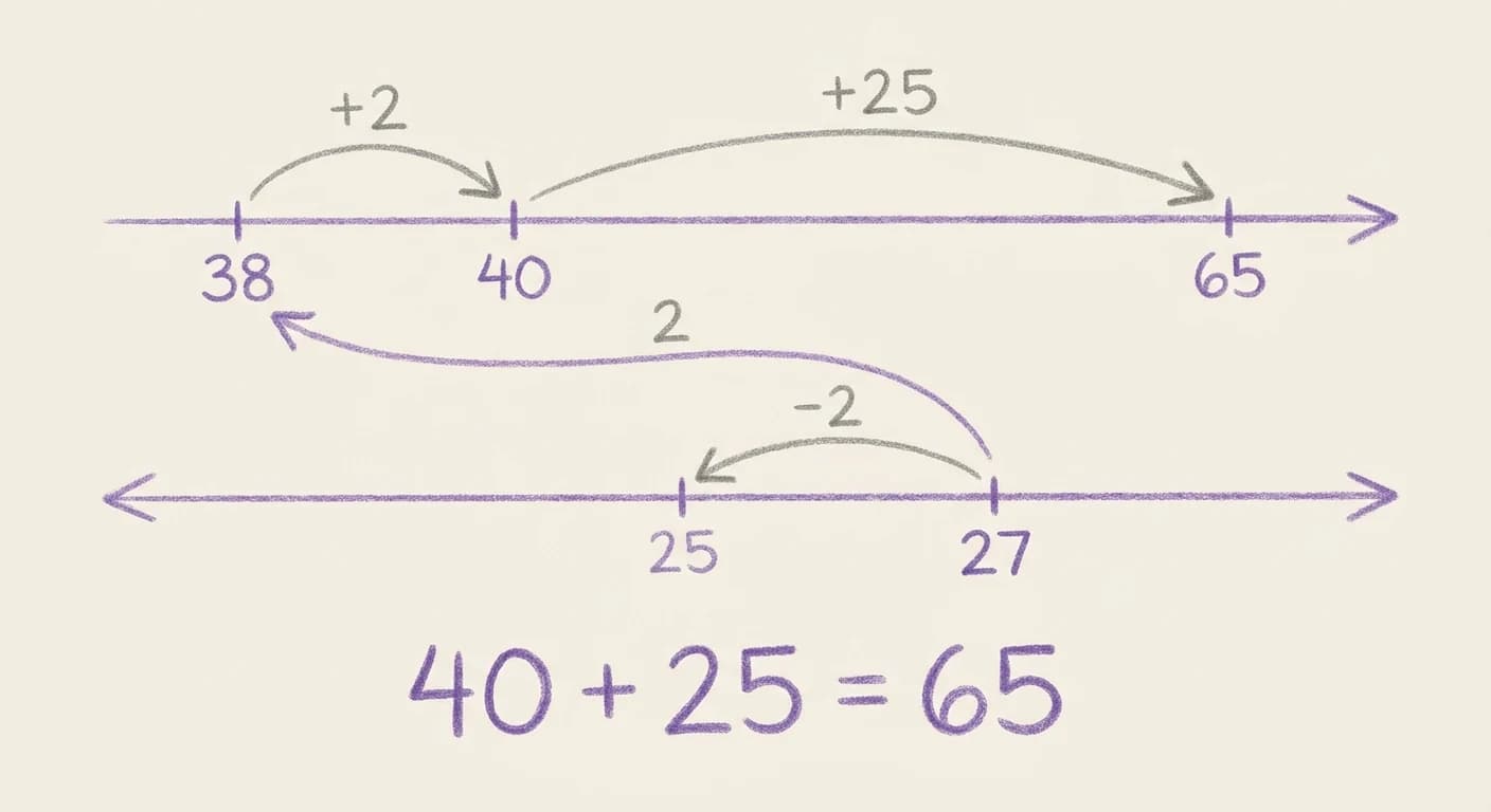 Hand-drawn compensation diagram for 38 + 27: an open number line jumping from 38 to 40 (labelled +2) and on to 65 (labelled +25), a second line stepping 27 back to 25 (labelled −2), a curved arrow carrying the 2 to the 38, and the line 40 + 25 = 65 underneath.