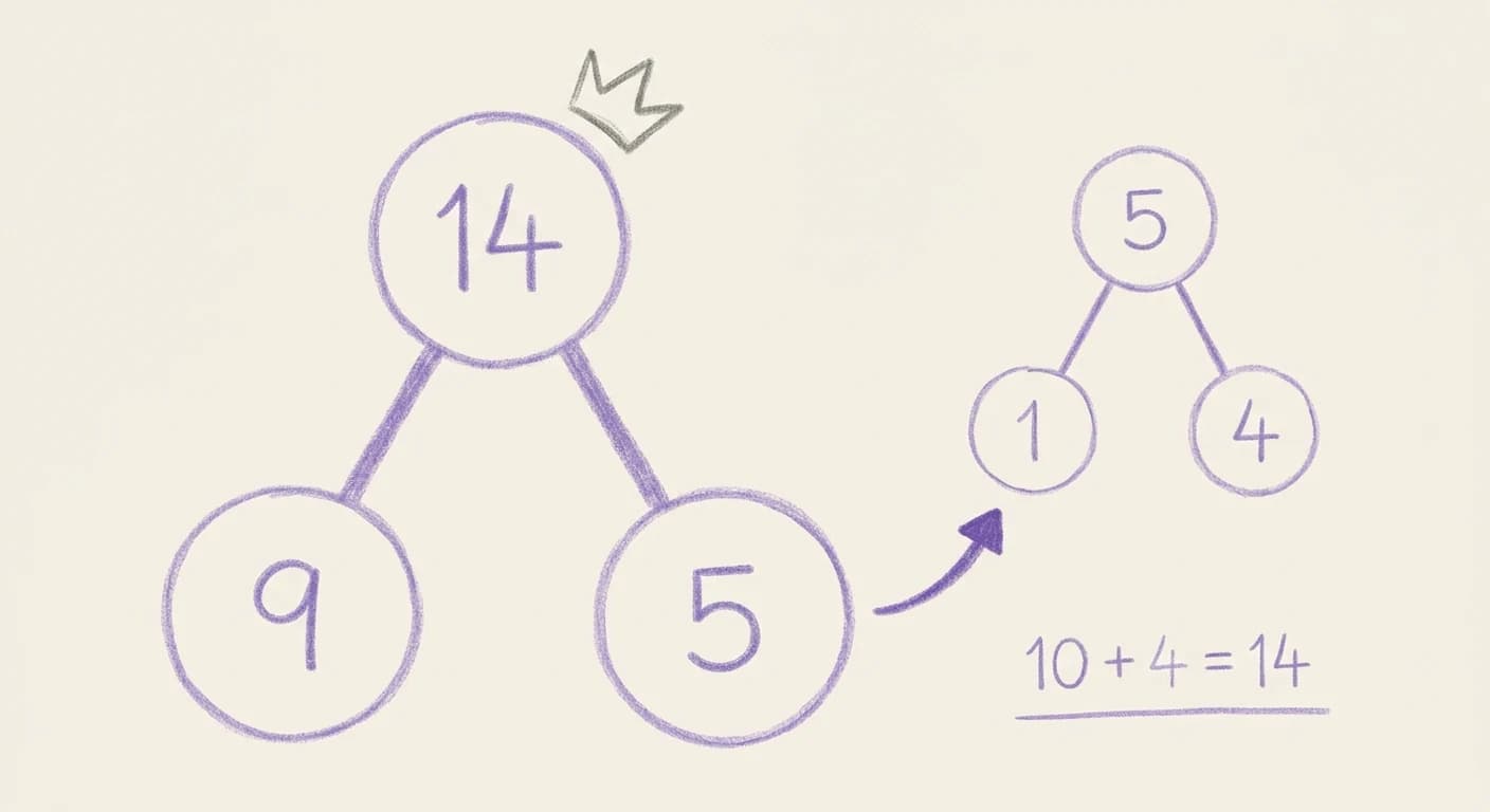 Hand-drawn number bonds for 9 + 5: one bond with 14 as the whole over the parts 9 and 5, a second bond splitting 5 into 1 and 4, a curved arrow moving the 1 to the 9, and the line 10 + 4 = 14 underneath.