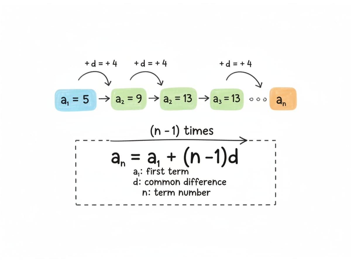 Dry-erase diagram: Arithmetic sequences — a_n = a1 + (n - 1)d: the difference is added (n - 1) times.