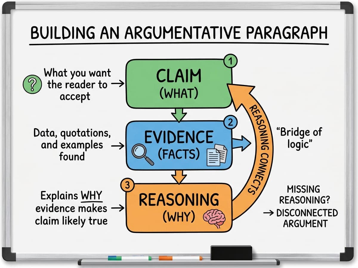 Dry-erase diagram: Claims, evidence and reasoning — A claim, the evidence for it, and the reasoning that shows why the evidence supports the claim.