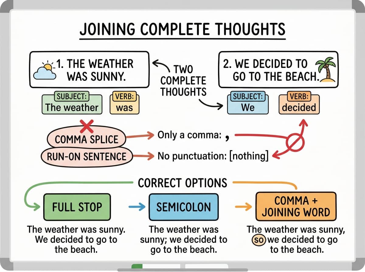 Dry-erase diagram: Comma splices and run-on sentences — Two complete thoughts need a full stop, a semicolon, or a comma with a joining word.