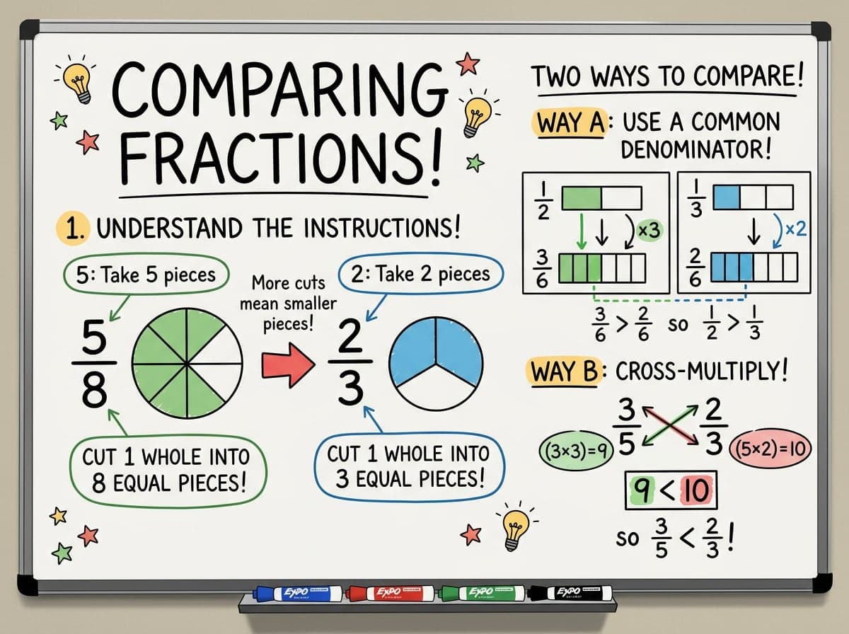 Dry-erase diagram: Comparing and ordering fractions — Compare fractions by rewriting them with the same denominator, or by cross-multiplying.