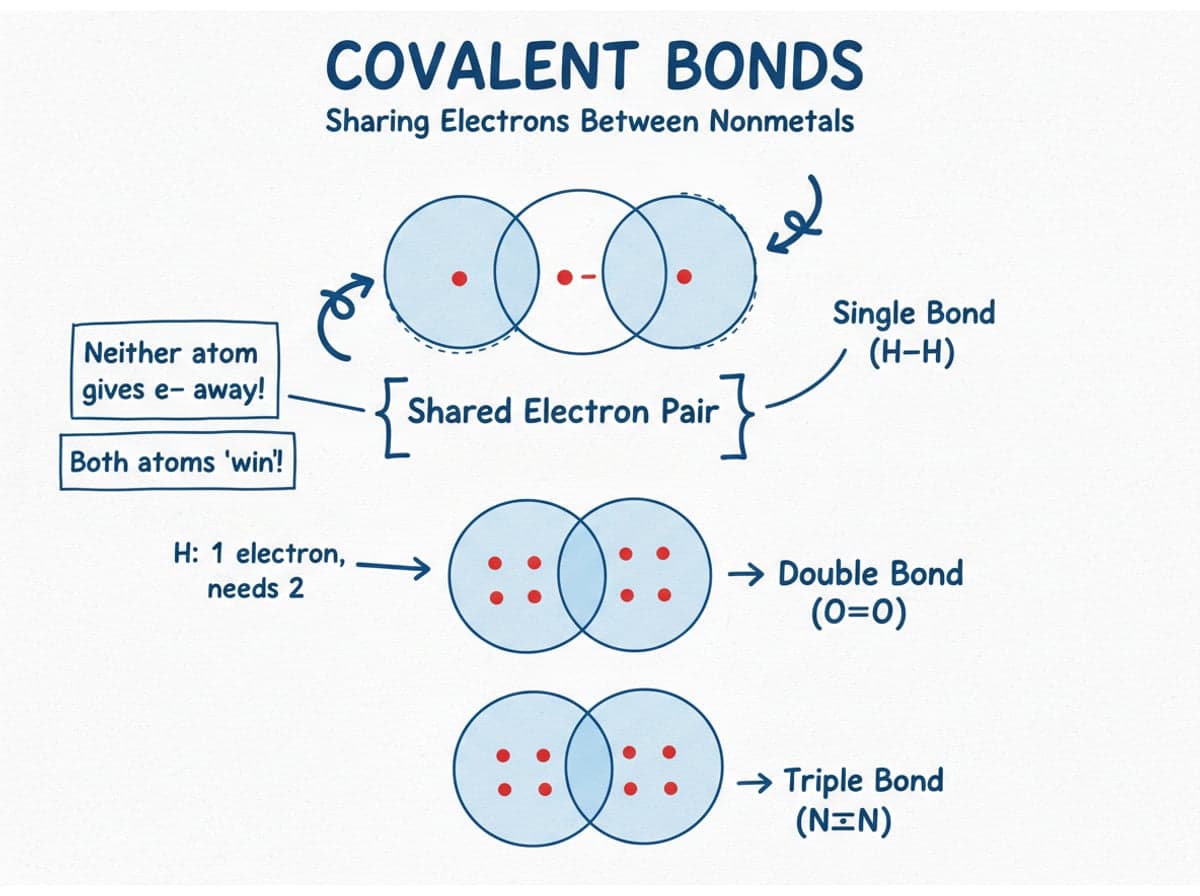 Dry-erase diagram: Covalent bonds — Covalent bonding is the sharing of electron pairs between nonmetals; one, two, or three shared pairs make single, double, or triple bonds.