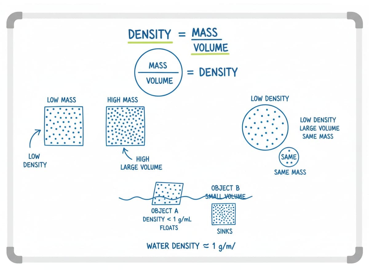 Dry-erase diagram: Density — Density equals mass divided by volume; an object floats if its average density is less than the liquid it sits in.