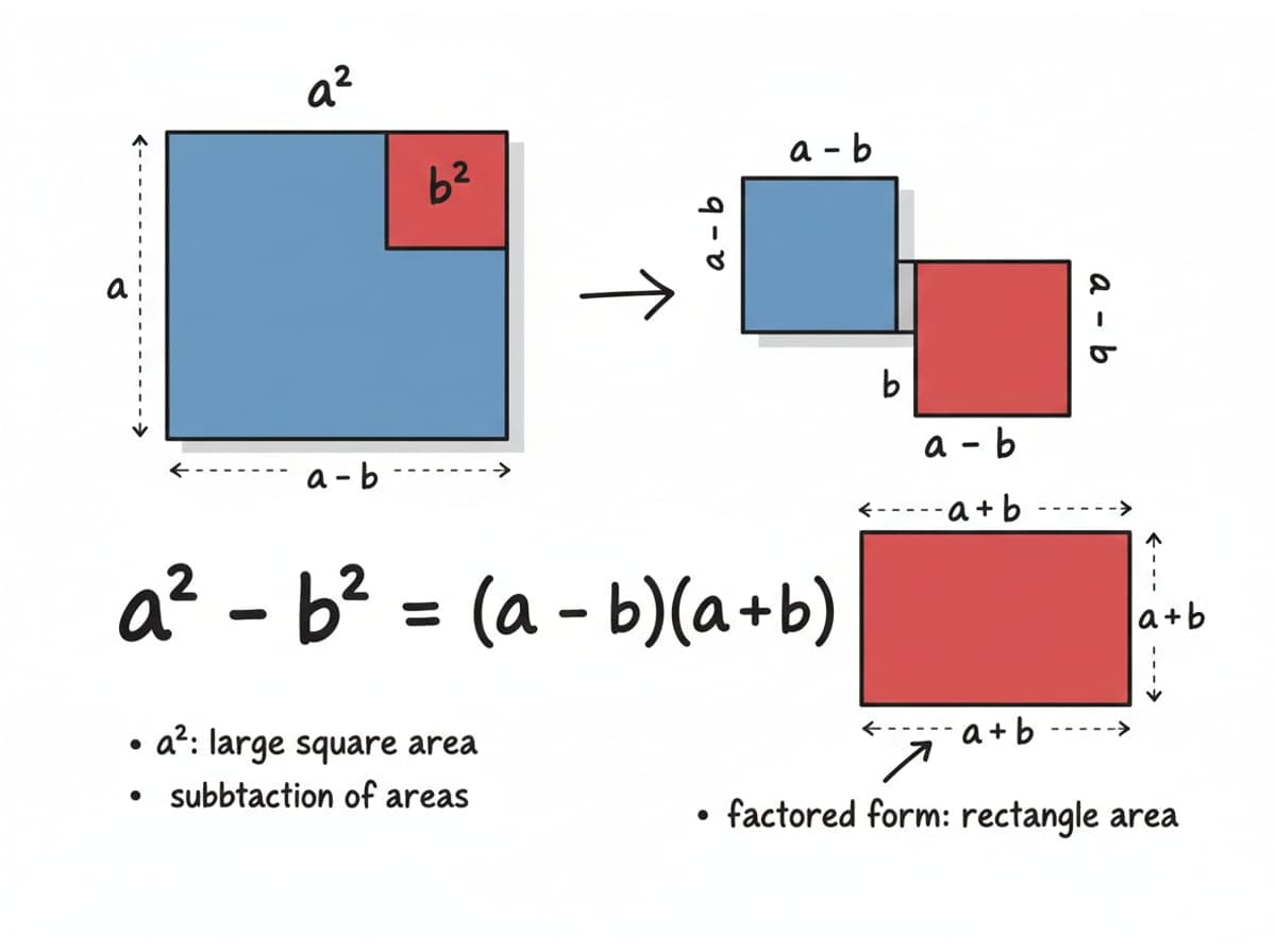 Dry-erase diagram: Difference of two squares — a^2 - b^2 = (a - b)(a + b).