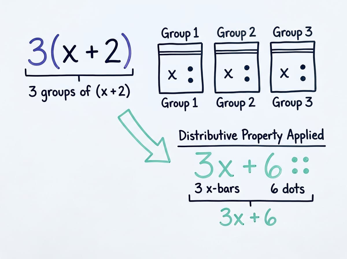 Dry-erase diagram showing 3 groups of (x + 2) expanding into 3x + 6.