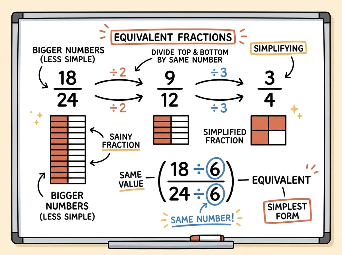 Dry-erase diagram: Equivalent and simplified fractions — Multiply or divide the top and the bottom by the same number and the fraction keeps its value.