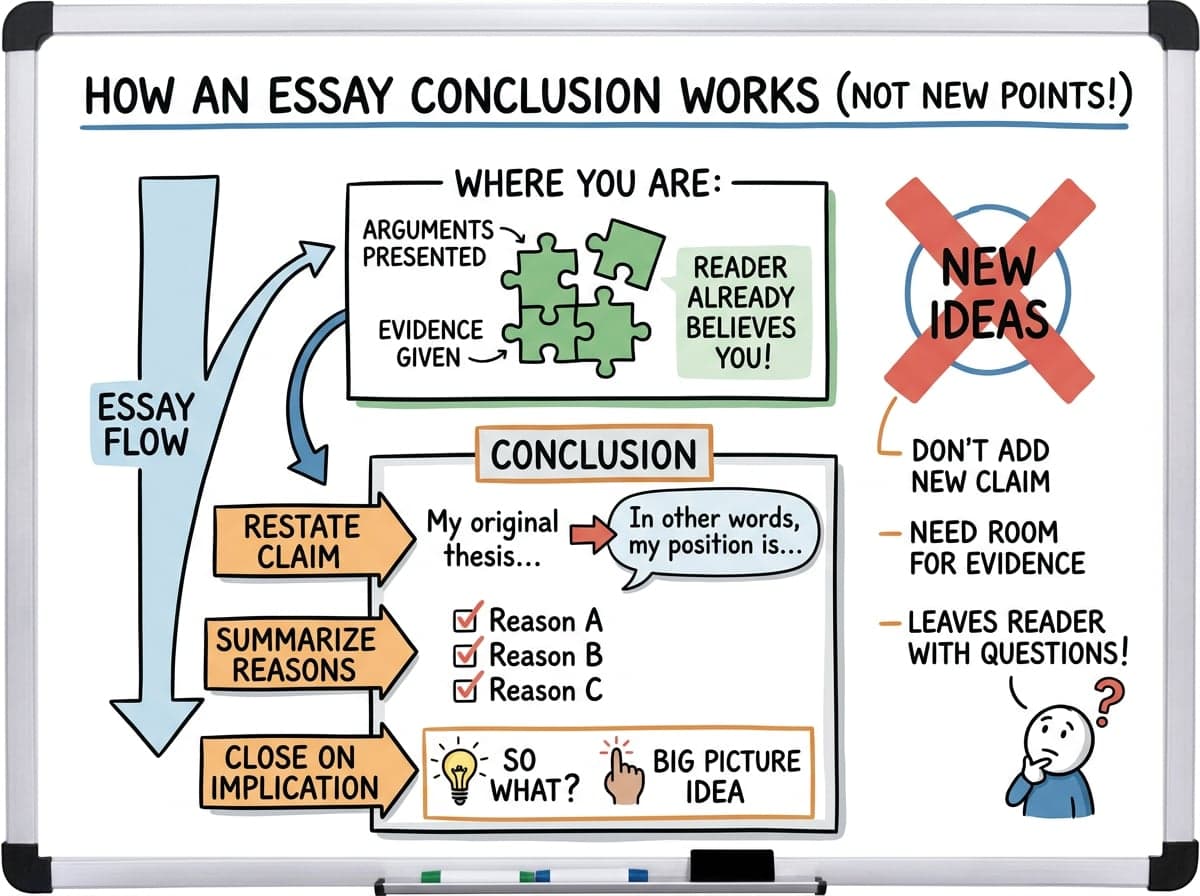 Dry-erase diagram: Essay conclusions — A conclusion restates the claim in fresh words, sums up the reasons, and closes on the implication.