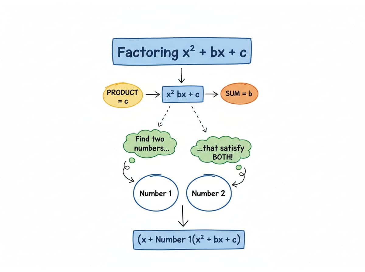 Dry-erase diagram: Factoring trinomials — For x^2 + bx + c, find two numbers whose product is c and whose sum is b.