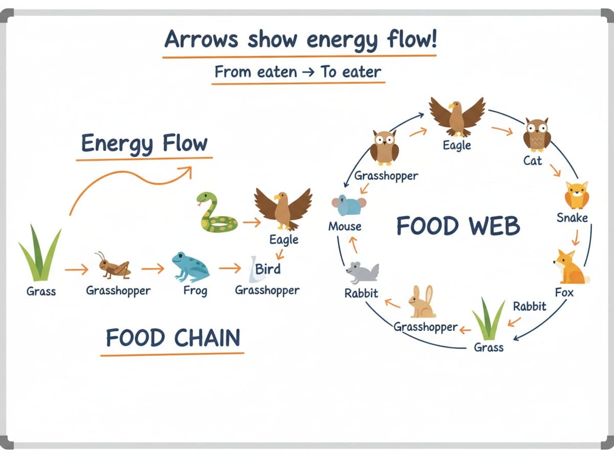 Dry-erase diagram: Food webs and food chains — Arrows show energy flow, from the organism being eaten to the organism that eats it.
