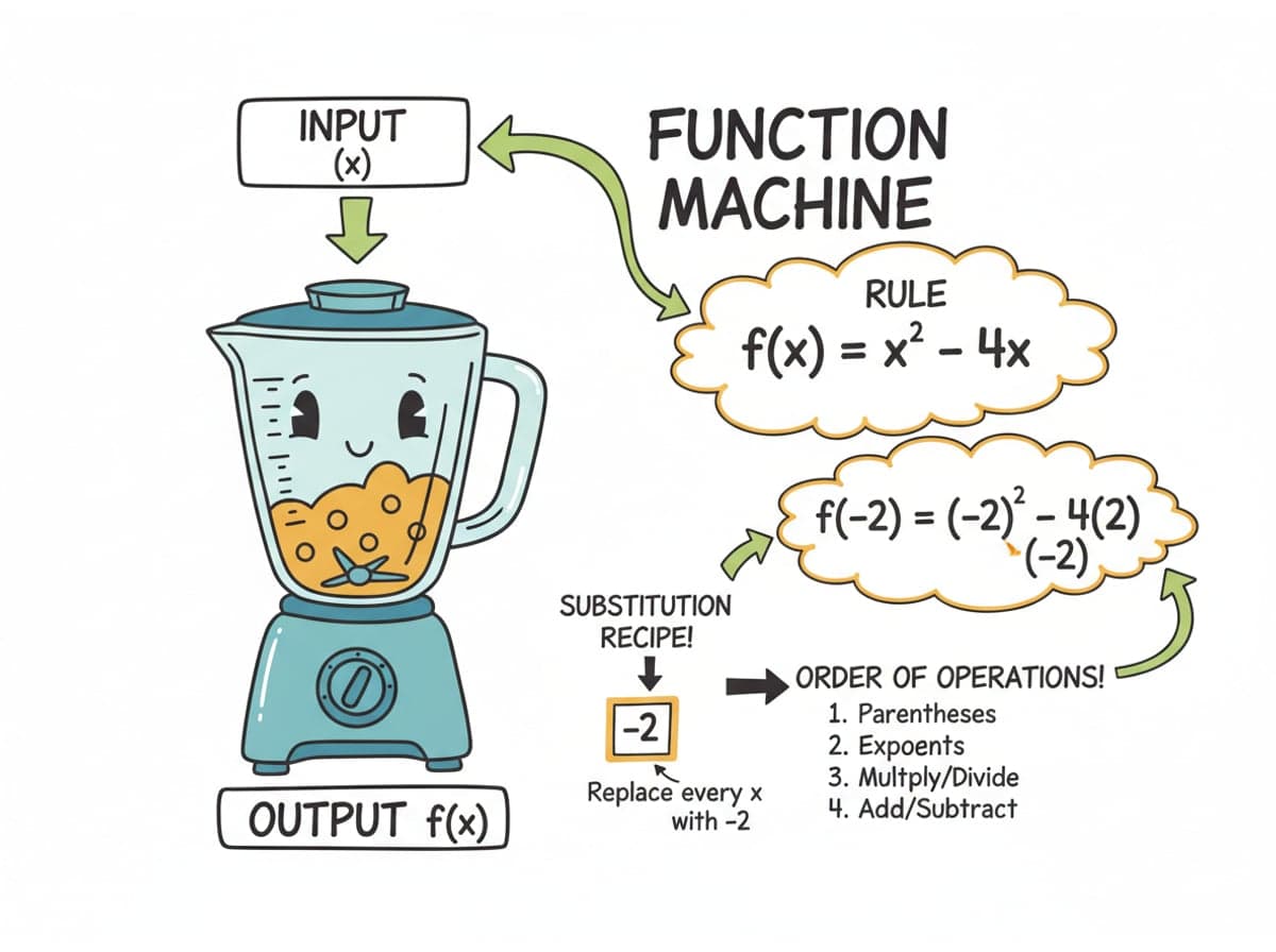 Dry-erase diagram: Function notation — Replace every x in the rule with the number in the parentheses, then follow the order of operations.