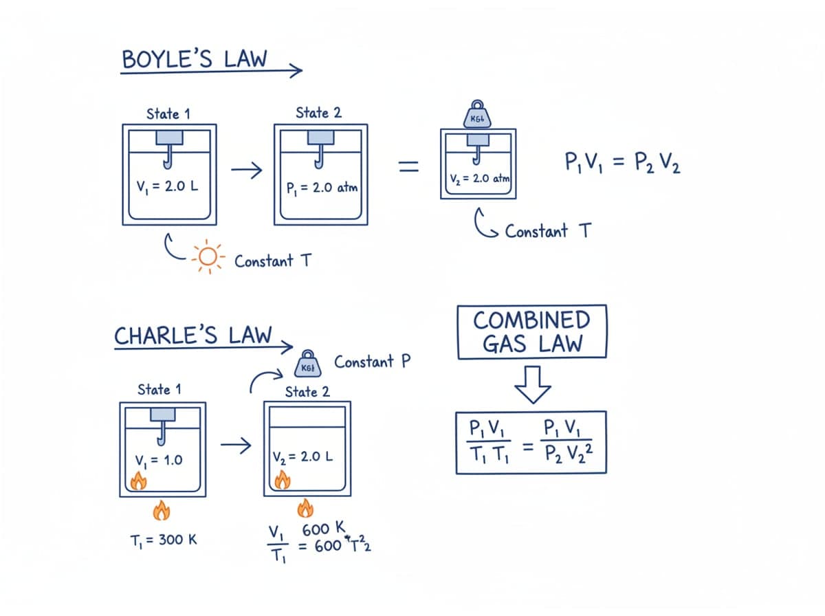 Dry-erase diagram: Gas laws (Boyle, Charles, combined) — Boyle: at constant T, pressure and volume are inversely related. Charles: at constant P, volume and kelvin temperature are