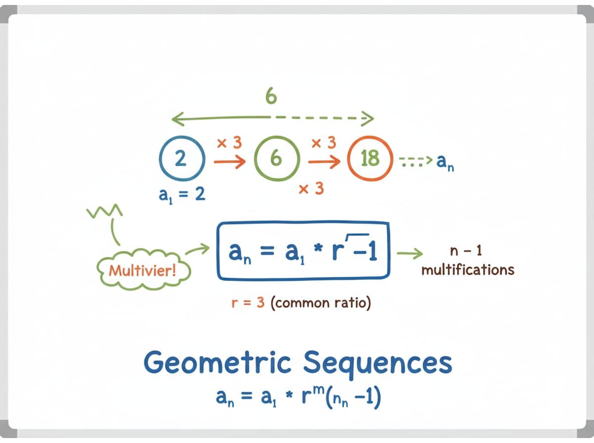 Dry-erase diagram: Geometric sequences — a_n = a1 * r^(n - 1): the ratio is multiplied (n - 1) times.