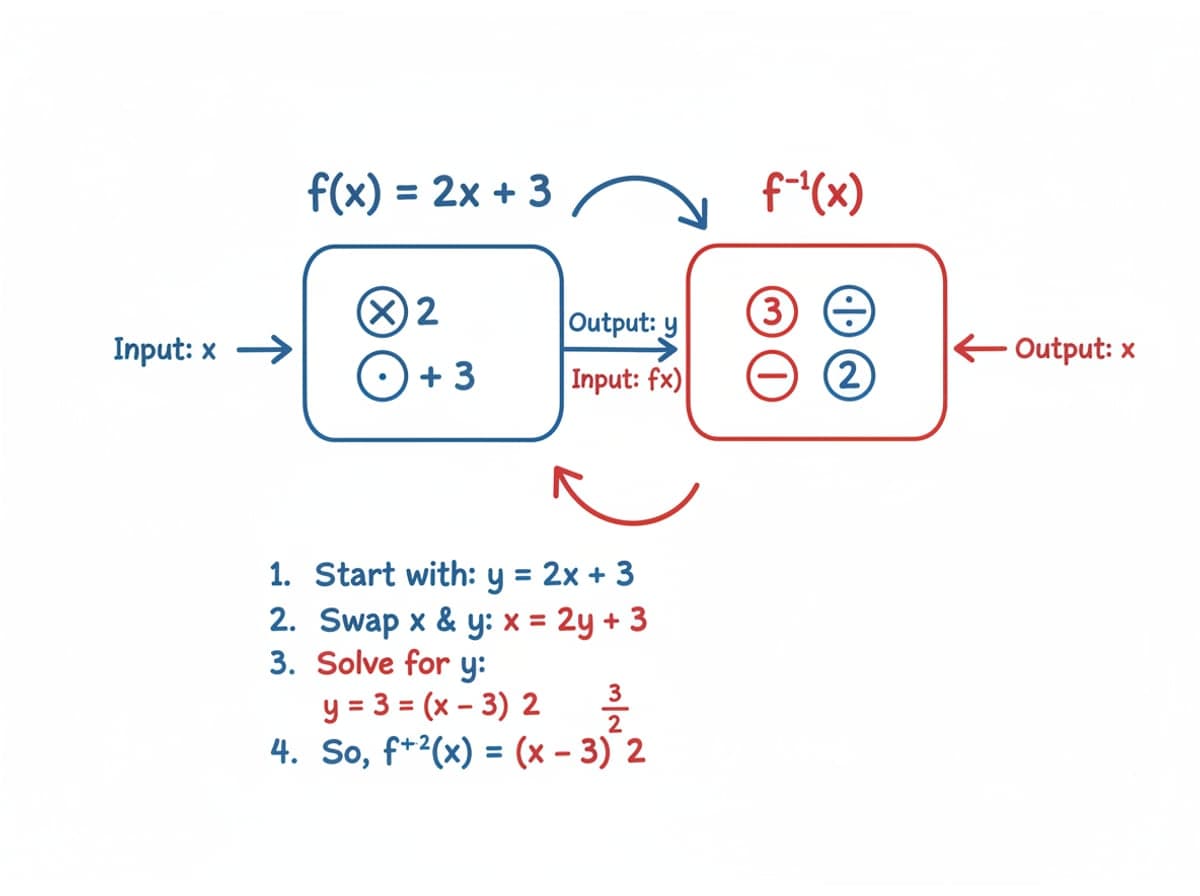 Dry-erase diagram: Inverse functions — Swap x and y, then solve for y; that y is f^-1(x).
