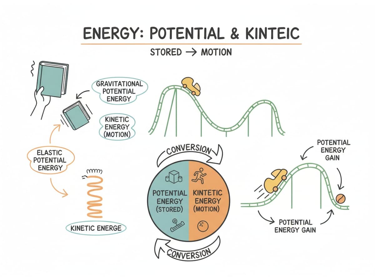 Dry-erase diagram: Kinetic and potential energy — Potential energy is stored by position, kinetic energy is the energy of motion, and as an object moves, one converts into the othe
