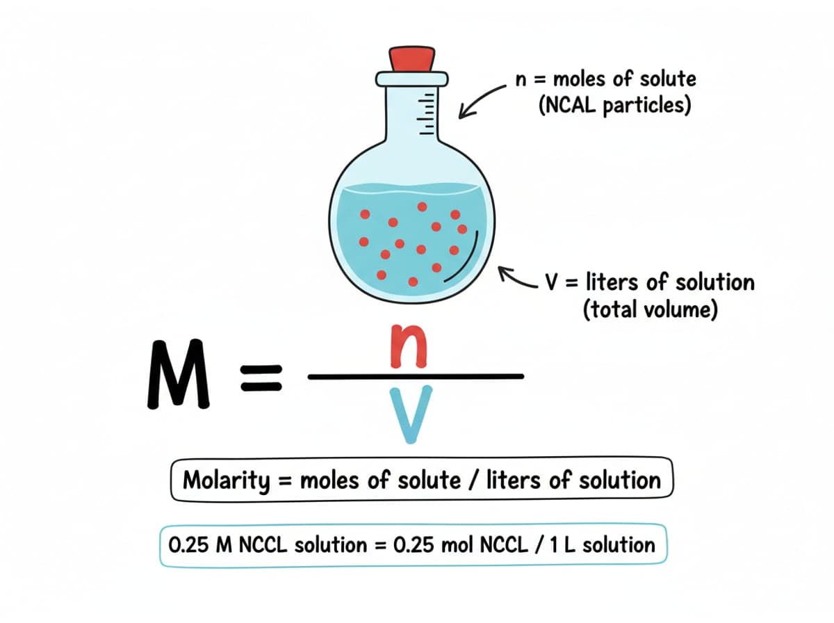Dry-erase diagram: Molarity — Molarity = moles of solute / liters of solution, or M = n / V.