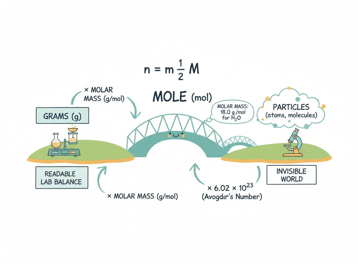 Dry-erase diagram: Mole conversions (grams ↔ moles ↔ particles) — n = m / M. Divide by molar mass to go grams to moles, multiply to go moles to grams, and divide by 6.02 x 10^23 fo