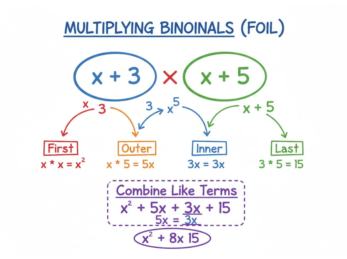 Dry-erase diagram: Multiplying binomials — Multiply First, Outer, Inner, Last, then combine the like terms.