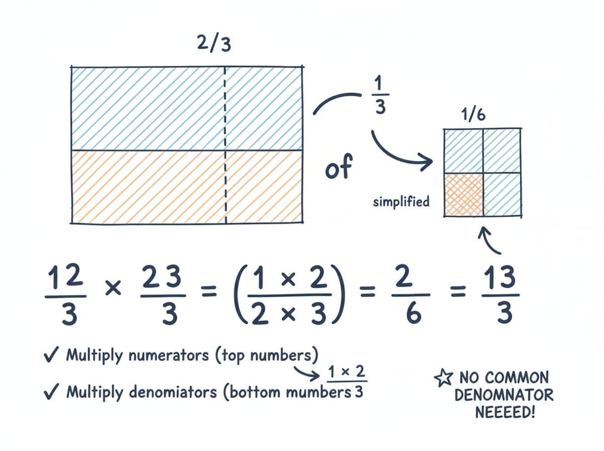Dry-erase diagram: Multiplying fractions — To multiply fractions, multiply the numerators and multiply the denominators. No common denominator is needed.