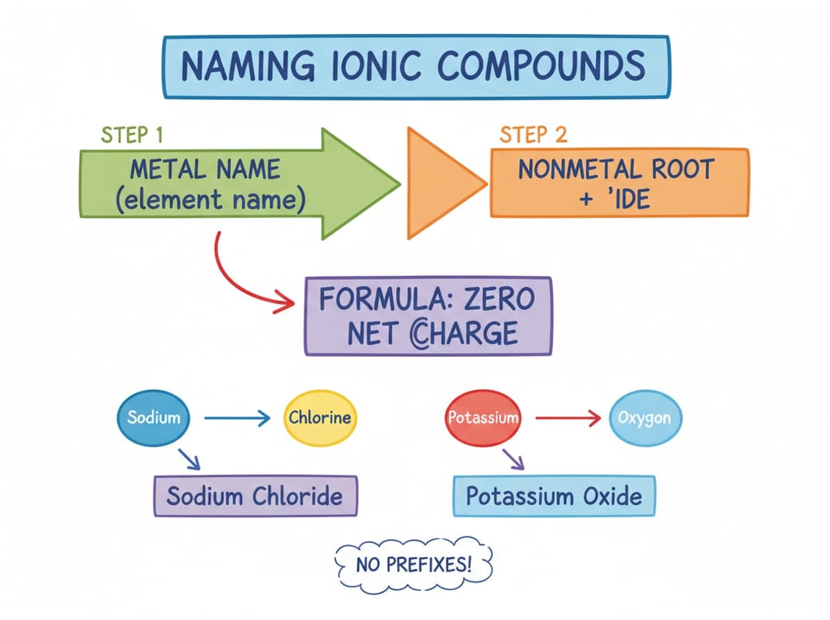 Dry-erase diagram: Naming ionic compounds — Ionic names put the metal name first and the nonmetal root with -ide second; formulas must have zero net charge.