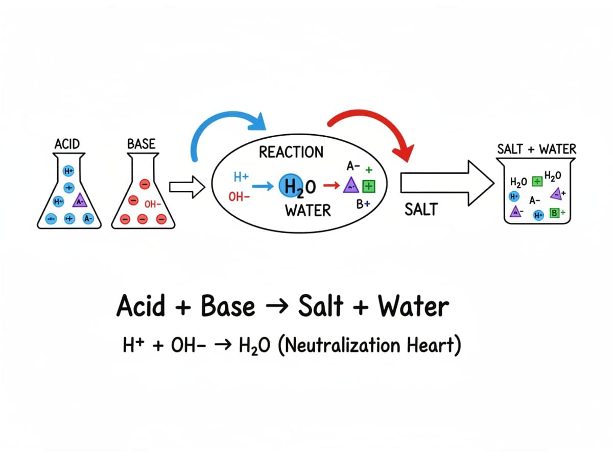 Dry-erase diagram: Neutralization reactions — Acid + base → salt + water. The H+ and OH- combine to form water, and the other ions form the salt.