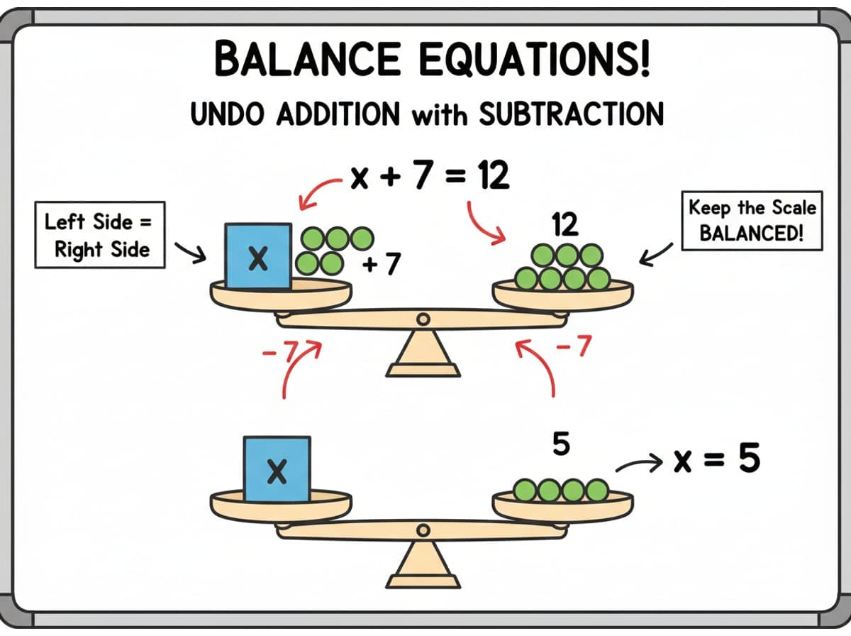 Dry-erase diagram: One-step equations — To undo an addition, subtract the same amount from both sides; the equation stays balanced.