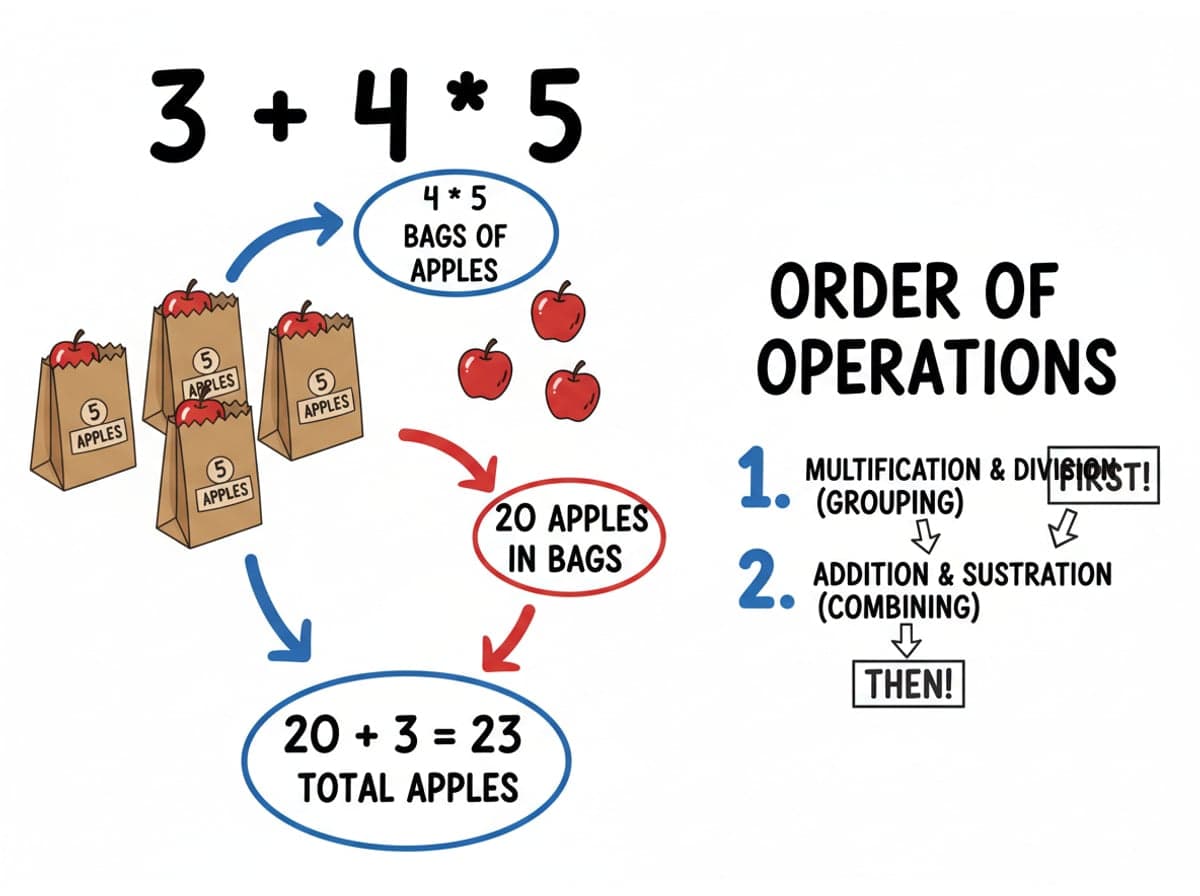 Dry-erase diagram: Order of operations — Multiplication and division happen before addition and subtraction, no matter which appears first in the expression.