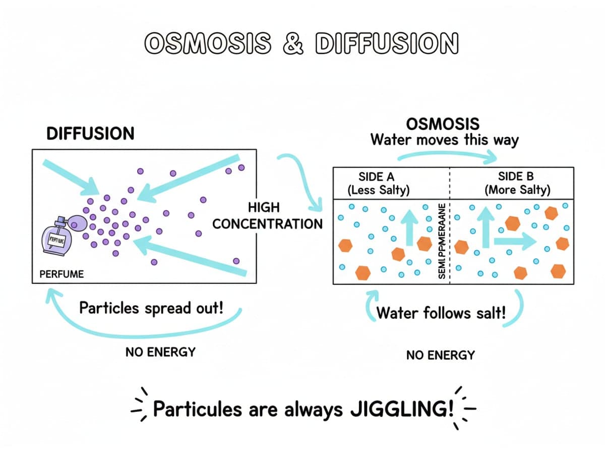 Dry-erase diagram: Osmosis and diffusion — Diffusion moves particles from high to low concentration; osmosis is water diffusing across a membrane toward the saltier side.