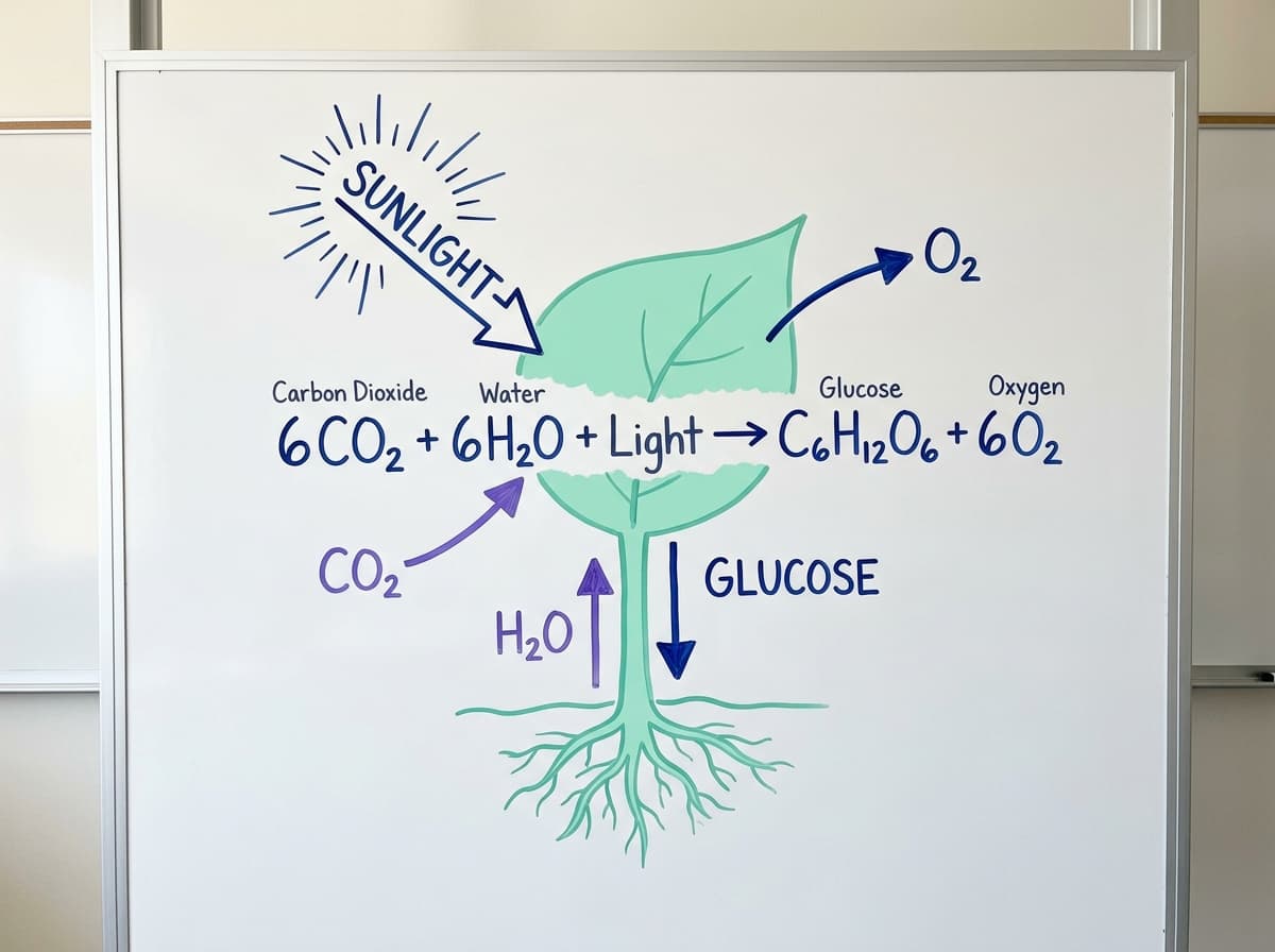 Dry-erase diagram of photosynthesis showing sunlight, CO2 from air, H2O from roots, producing glucose and releasing O2.