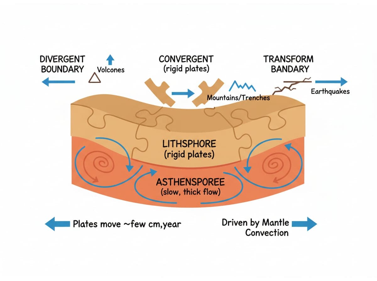 Dry-erase diagram: Plate tectonics — Earth's rigid plates move on convection currents in the mantle; divergent, convergent and transform boundaries shape the planet.