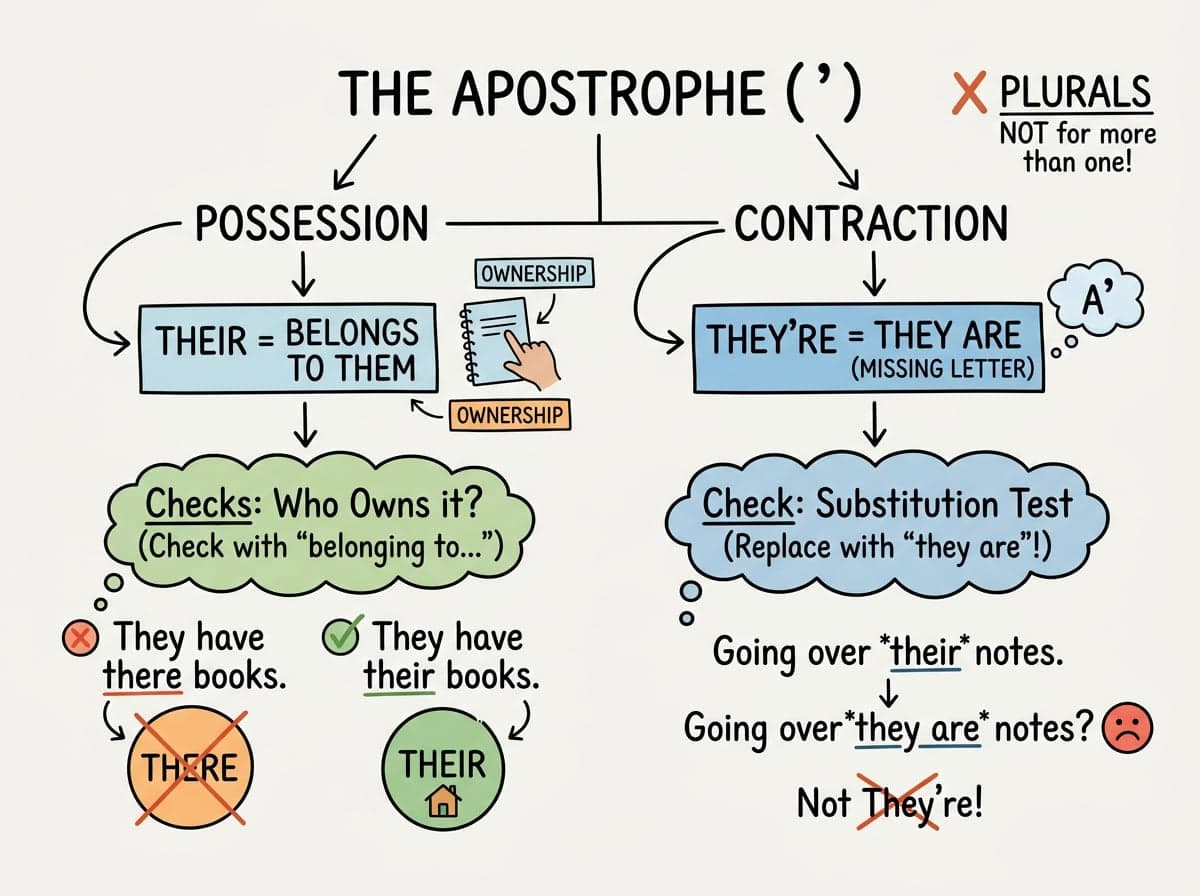 Dry-erase diagram: Punctuation and apostrophes — Apostrophes show possession or a missing letter — never a plural.