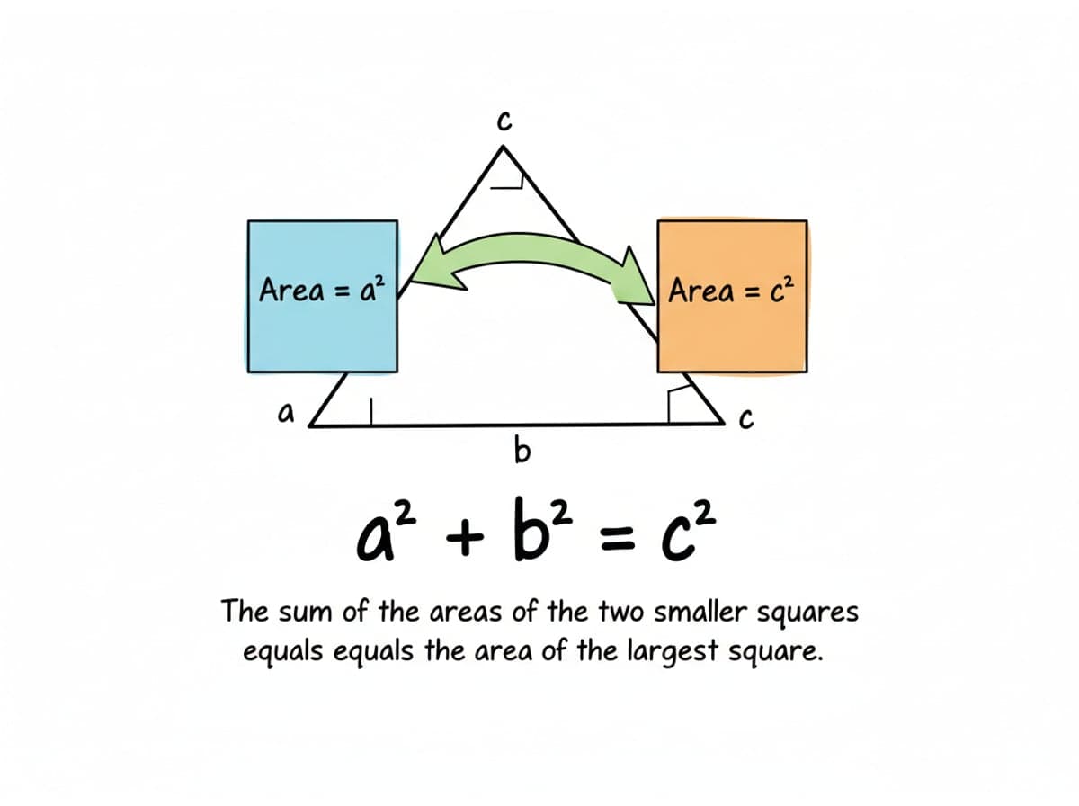 Dry-erase diagram: The Pythagorean theorem — In a right triangle, the squares of the legs add to the square of the hypotenuse: a^2 + b^2 = c^2.