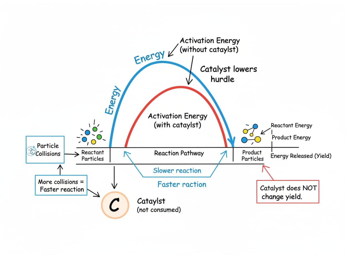 Dry-erase diagram: Reaction rates and catalysts — A catalyst speeds a reaction by lowering its activation energy, and it is not consumed; it changes the speed, not the yield.
