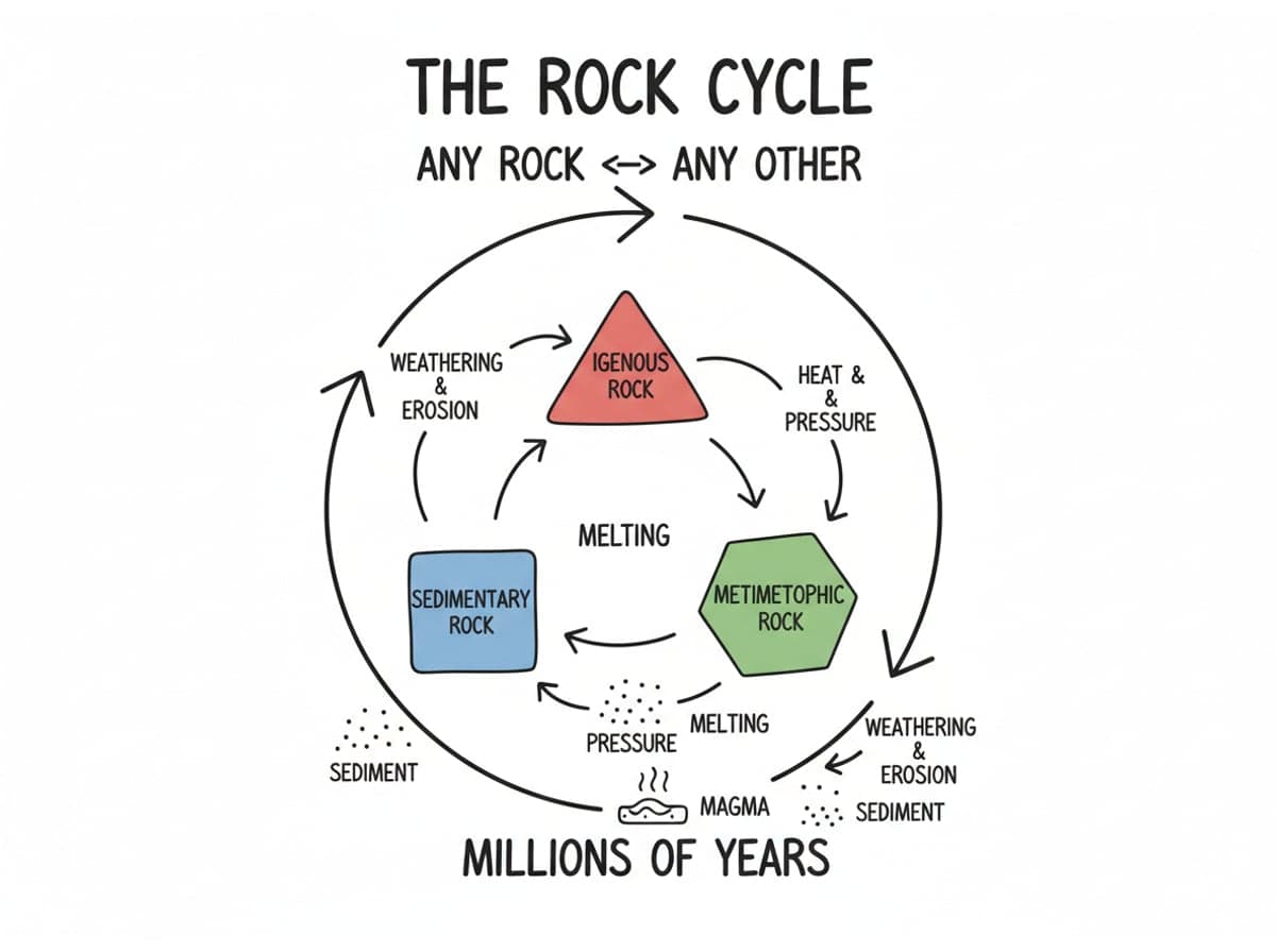 Dry-erase diagram: The rock cycle — The rock cycle lets any rock type change into any other through melting, heat and pressure, weathering and erosion.