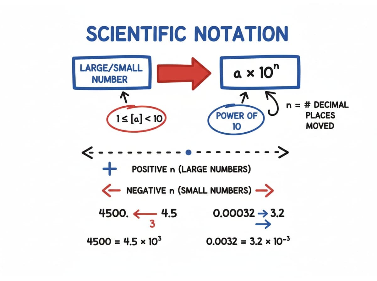 Dry-erase diagram: Scientific notation — Scientific notation is a number from 1 to 10 times a power of 10; the exponent counts the decimal places the point moves.