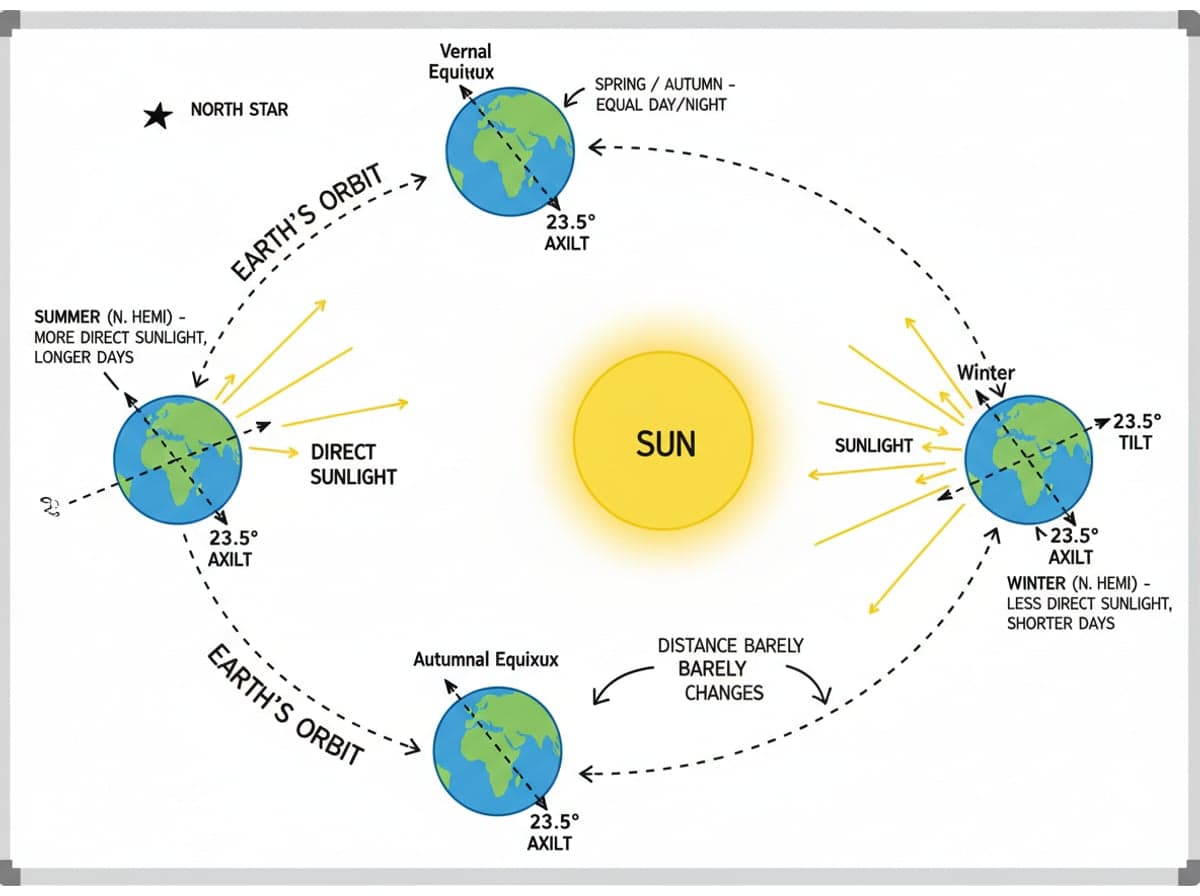 Dry-erase diagram: Why we have seasons — Earth's 23.5-degree tilt makes sunlight hit each hemisphere more directly and for more hours in its summer; distance from the Sun barely ch