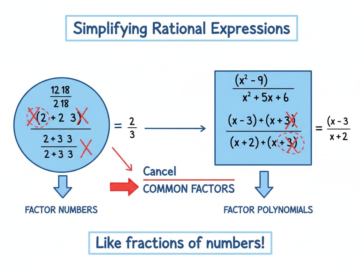 Dry-erase diagram: Simplifying rational expressions — Factor each side completely, then cancel common factors, exactly as with fractions of numbers.