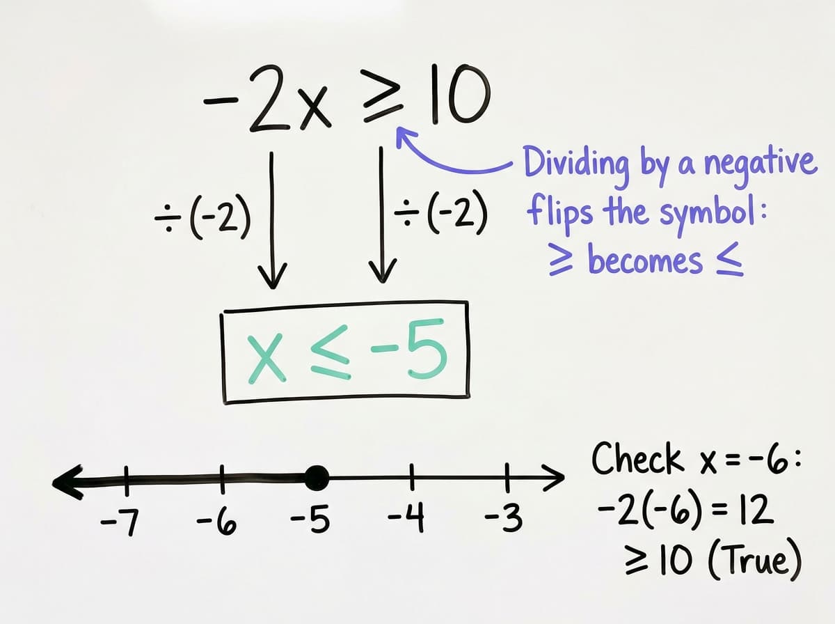 Dry-erase diagram showing -2x ≥ 10 divided by -2 on both sides, flipping the symbol to x ≤ -5, with a number line check.