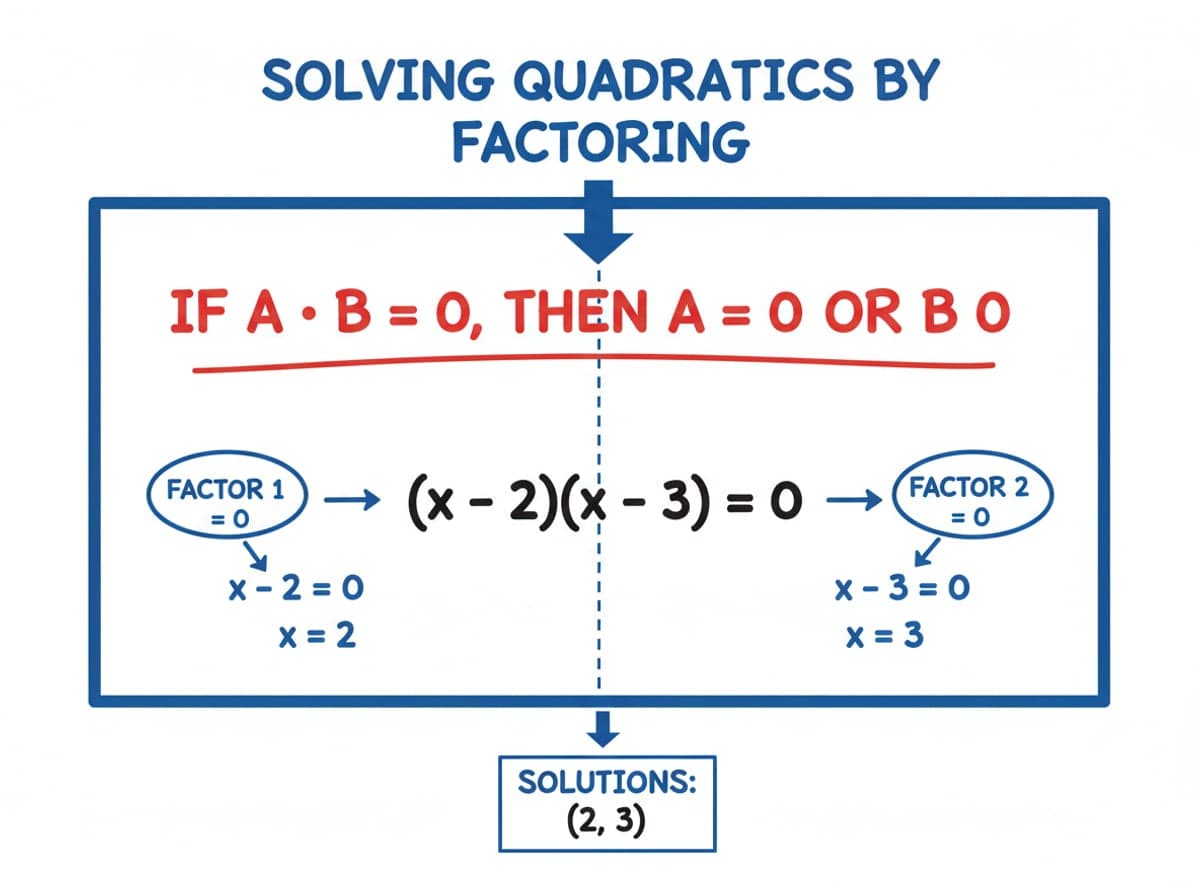 Dry-erase diagram: Solving quadratics by factoring — If a product is zero, at least one of its factors must be zero.