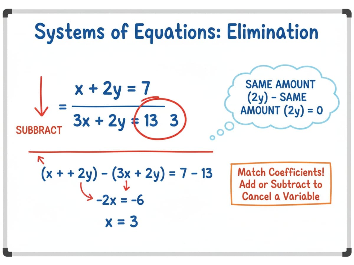 Dry-erase diagram: Systems of equations: elimination — Matching coefficients let you add or subtract the equations so that one variable cancels.