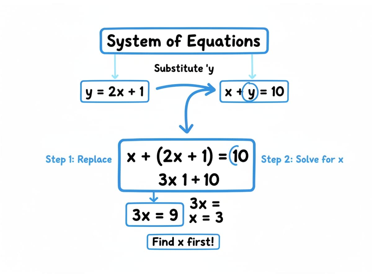 Dry-erase diagram: Systems of equations: substitution — Replace one variable with an equivalent expression, then solve the remaining one-variable equation.
