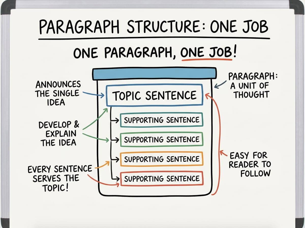 Dry-erase diagram: Topic sentences and paragraph structure — One paragraph, one job: a topic sentence announces it and every other sentence serves it.