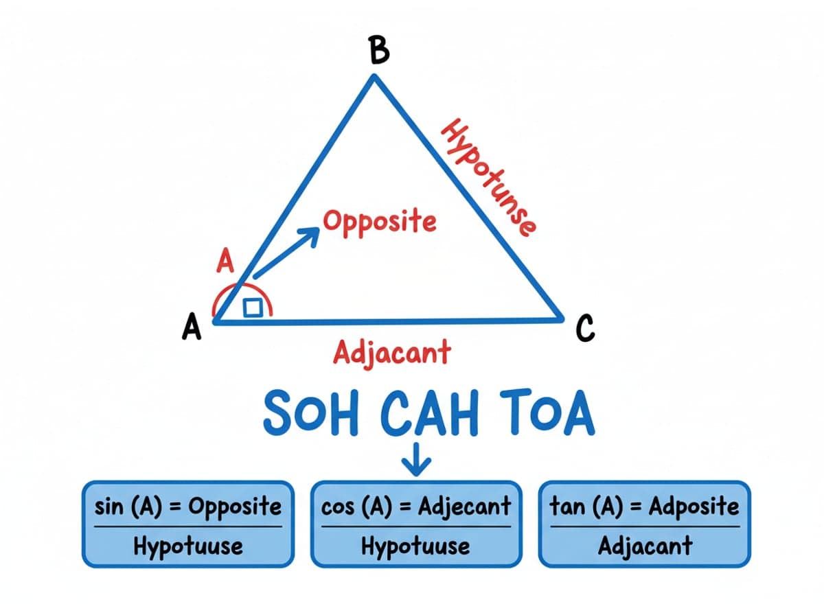 Dry-erase diagram: Trigonometric ratios — sin = opposite/hypotenuse, cos = adjacent/hypotenuse, tan = opposite/adjacent (SOH CAH TOA).