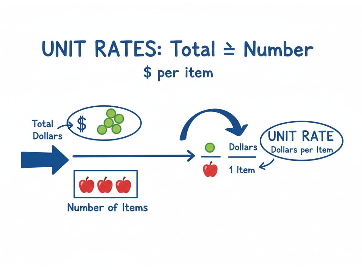 Dry-erase diagram: Unit rates — A unit rate divides the total by the number of items: total dollars divided by number of items gives dollars per item.
