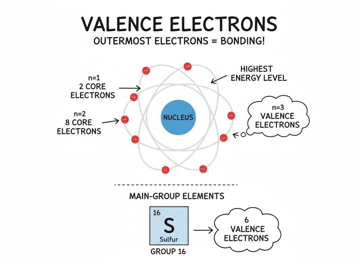 Dry-erase diagram: Valence electrons — Valence electrons are the electrons in the highest occupied energy level, and for main-group elements the group number tells you how many.
